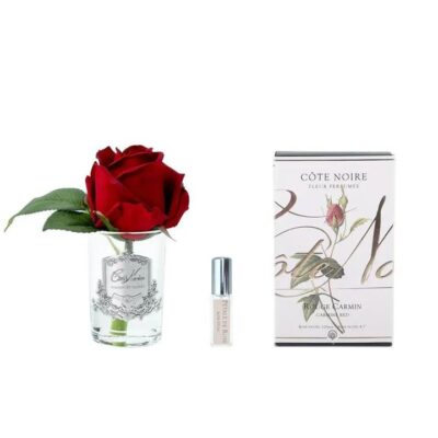 Cote Noire Perfumed Natural Touch Rose Bud - Carmine Red, Silver & Clear Glass